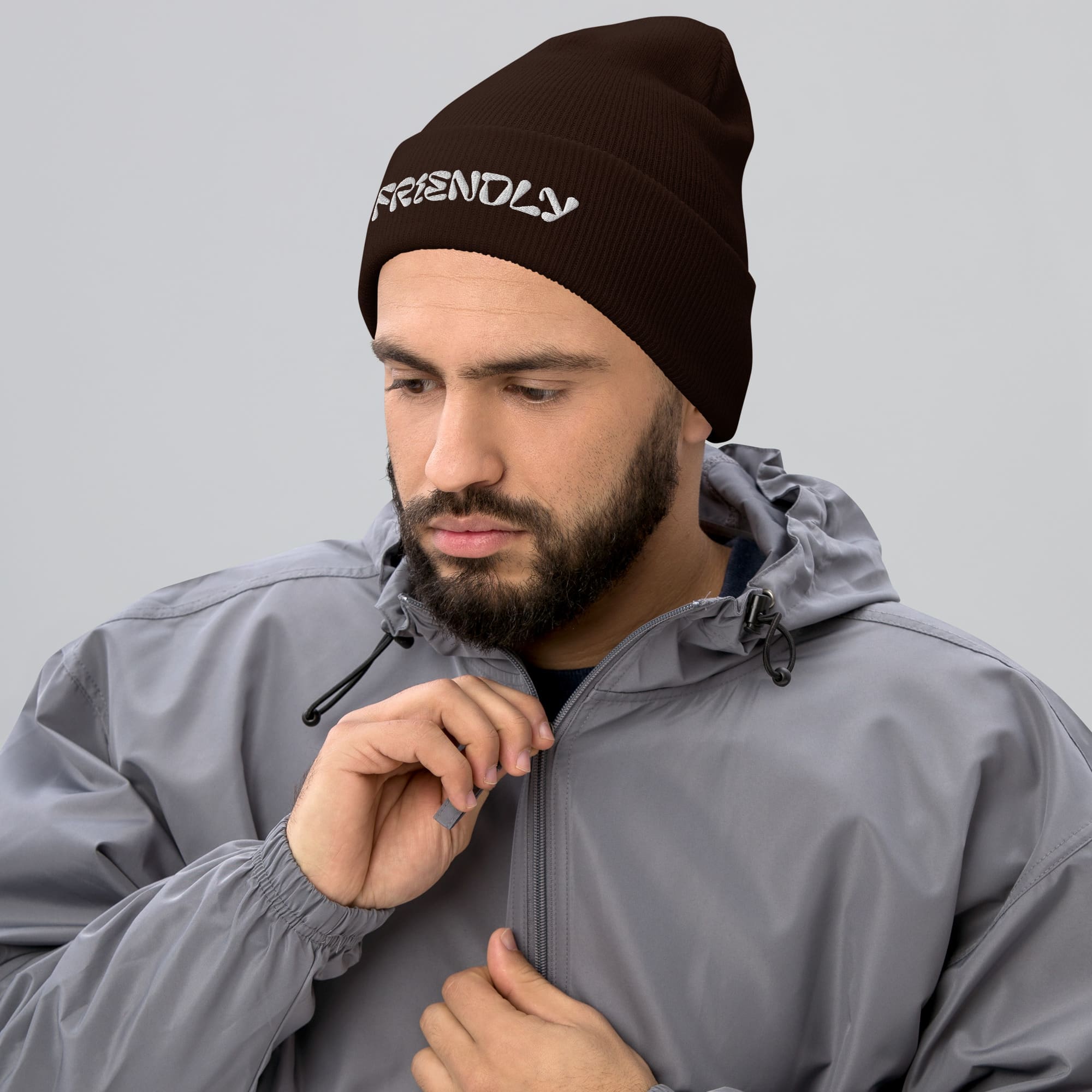 Male model wearing Black Friendly Beanie - White