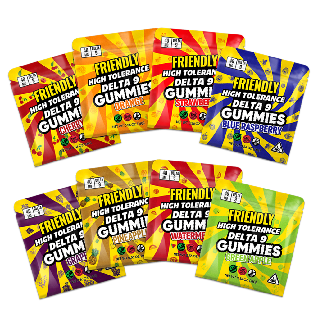 Image of Friendly Hemp's Delta 9 40MG Gummy in all 8 assorted flavors.