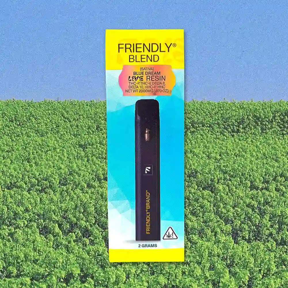 best-selling Friendly Blend vapes on a green field background.