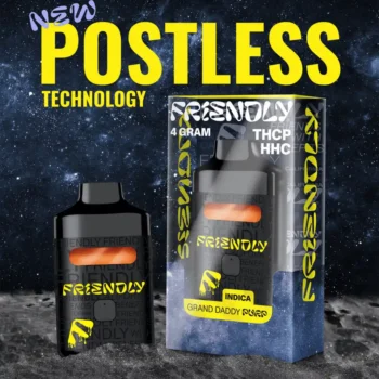 Friendly Hemp's 4G THCP HHC Disposable Vape in Grand Daddy Purple on the moon in space