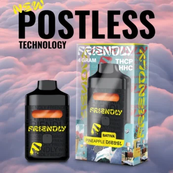 Friendly Hemp's 4G THCP HHC Disposable Vape in Pineapple Diesel in clouds