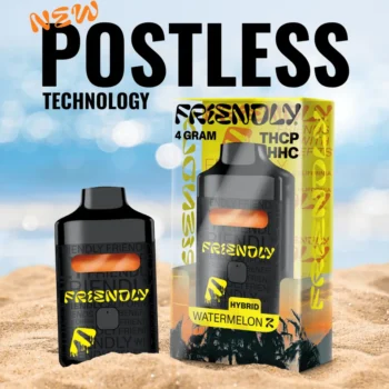 Friendly Hemp's 4G THCP HHC Disposable Vape in Watermelon Z on a beach.