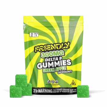Image of Friendly Hemp's Delta 9 300MG Gummy 30 count bag in Green apple